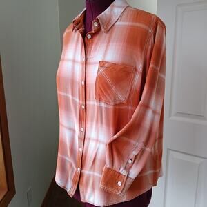 Ava & Viv Plaid Button Up Blouse 2X upcycle repaired orange long sleeve rayon